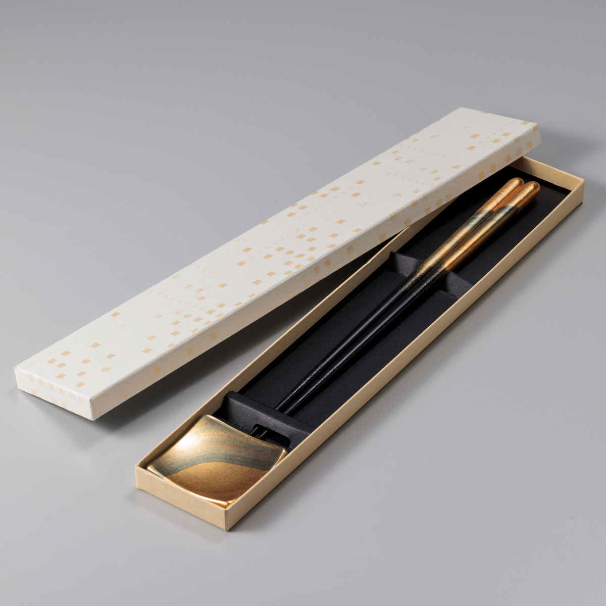 箸・箸置きセット　古代箔(黒)